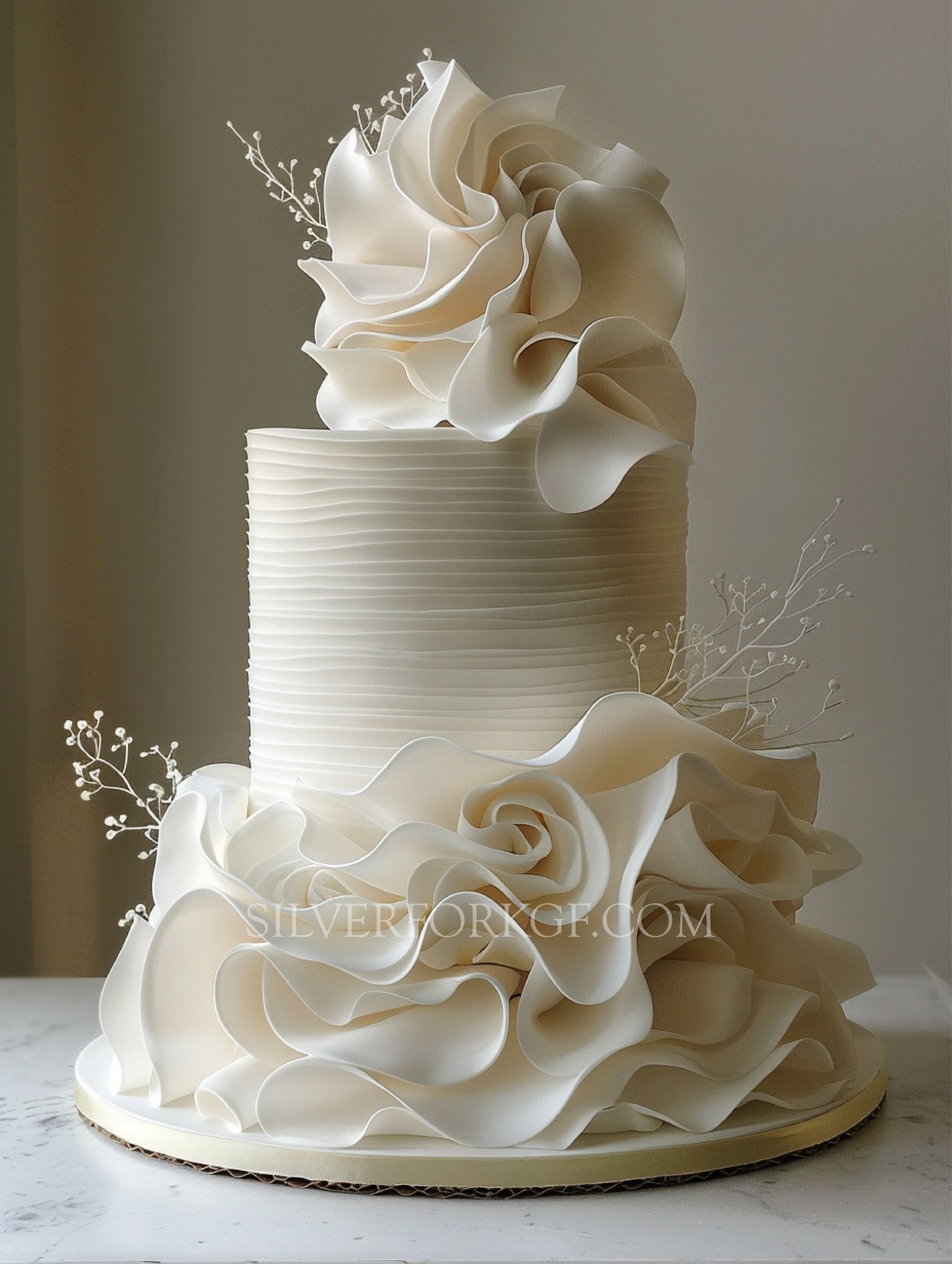 Elegant Ivory Floral Ruffle Wedding Cake – A Timeless Showstopper for Your Special Day